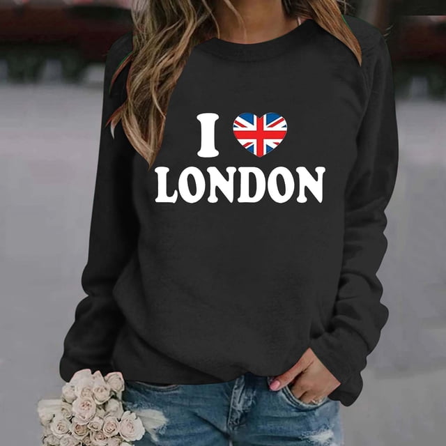 TINZ Chandail de Sport Décontracté pour Femmes, Style Britannique à la Mode avec Lettres Imprimées, Col Rond, Manches Longues (2) Veste Ajustée avec Capuchon Manteau Femme Fermeture Éclair devant Chandail à Capuchon à Fermeture à Glissière Femme