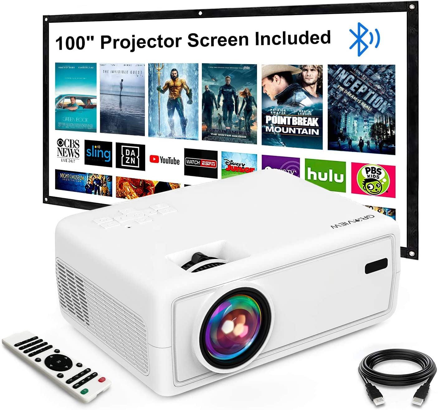 BIGASUO Outdoor Movie Projector Native 1080P Projector Bluetooth with Digital Zoom&HiFi Stereo 7500L Home Portable Projector Compatible HDMI,USB,AV,TV 100''Screen Included 