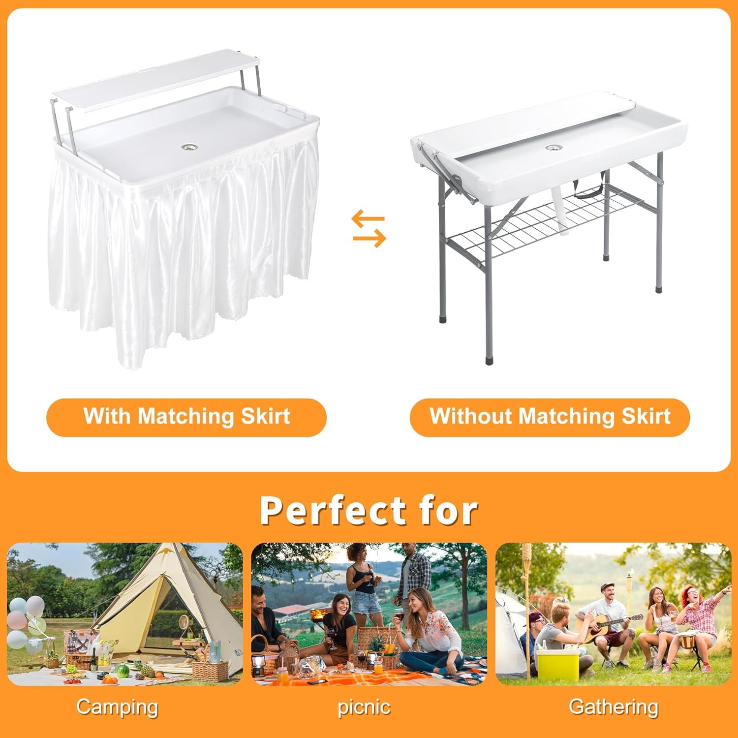 2 Tiers Outdoor Folding Ice Cooler Table with Matching Skirt, Portable Party Table with Grid Rack & Drain Hose for Patio Picnic Camping Wedding, White