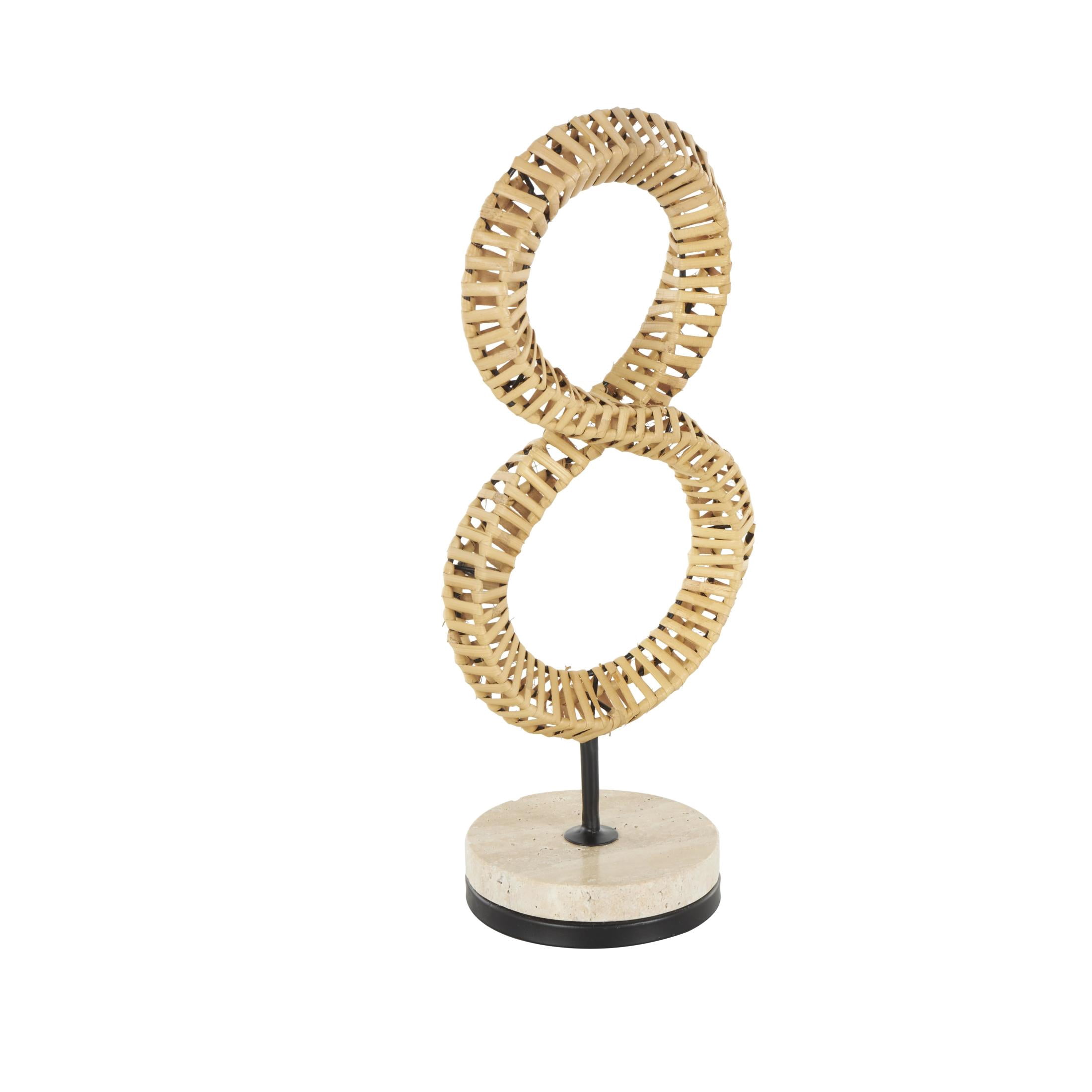 7" x 15" Brown Rattan Handmade Infinity Shaped Abstract Sculpture with White Marble Base, by DecMode