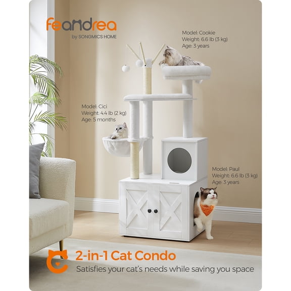 Feandrea Woodywonders Arbre à Chat avec Meuble Cache-Litière, Tour Moderne 2-en-1, Condo pour Chat avec Poteaux à Griffer, Bâtons à Pompon Amovibles