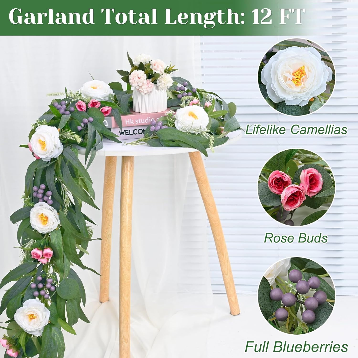 Lyacmy 12Ft Artificial Rose Flower Garland Greenery, Fake Silk Camellia Rose Vine Hanging Rose for Wedding Party Mantle Backdrop Room Decor