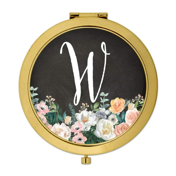Koyal Wholesale Gold Compact Mirror Bridesmaid's Wedding Gift, Peach Flower Florals on Chalkboard, Monogram Letter W