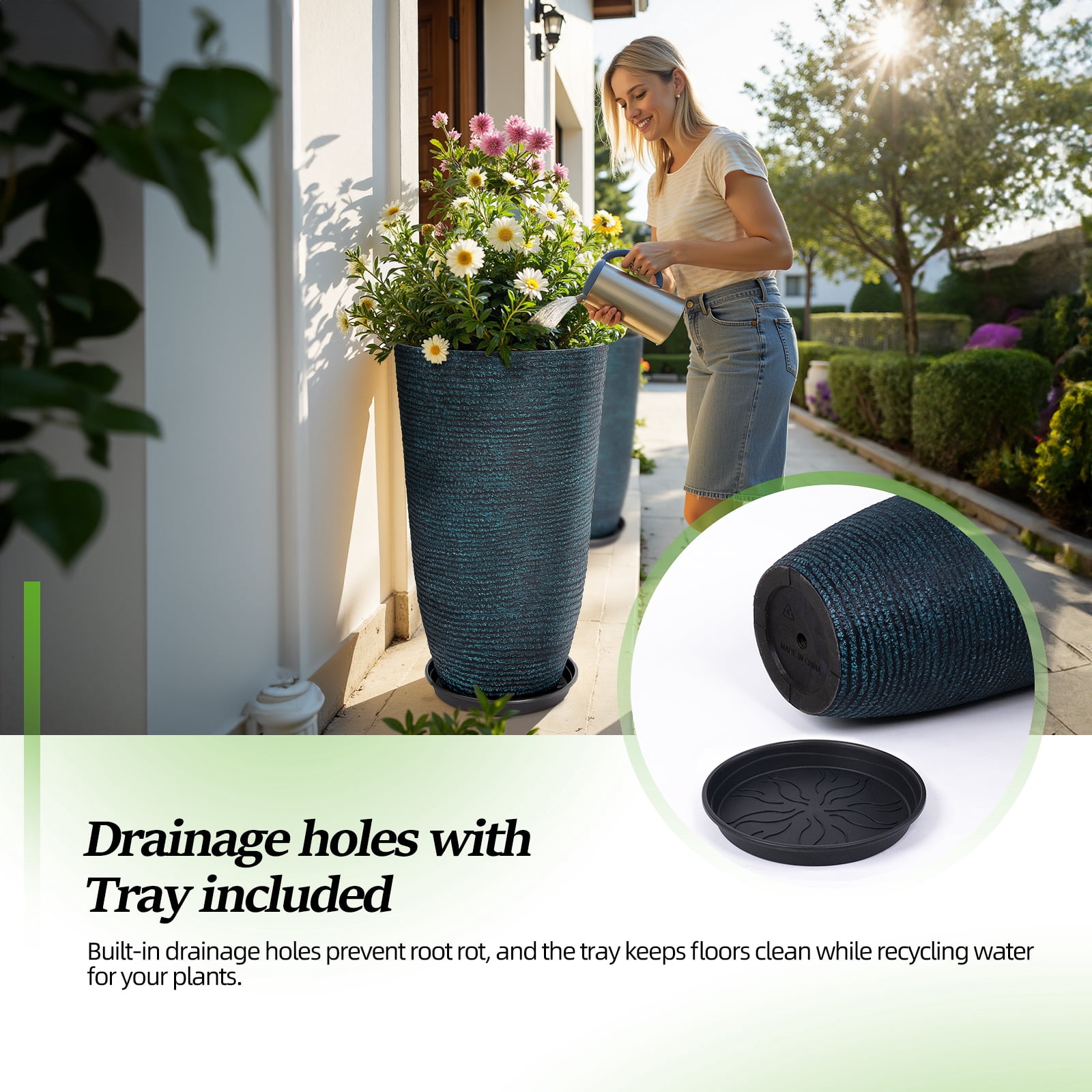 QCQHDU 21 inch Tall Planters with Saucer,2 Pack 9 Gallon Stone Round Pots for Indoor Plants,Outdoor Patio & Porch Decor, Heavy Duty Weatherproof Plant Containers,Blue