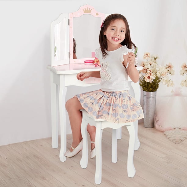Segmart Children S Cosmetic Table Wooden Toy Vanity Set For Girls Vanity Set With Wood Stool Dressing Table With Single Drawer Storage Bedroom Furniture For Girls Wood Make Up Table Set S6229 Walmart Com