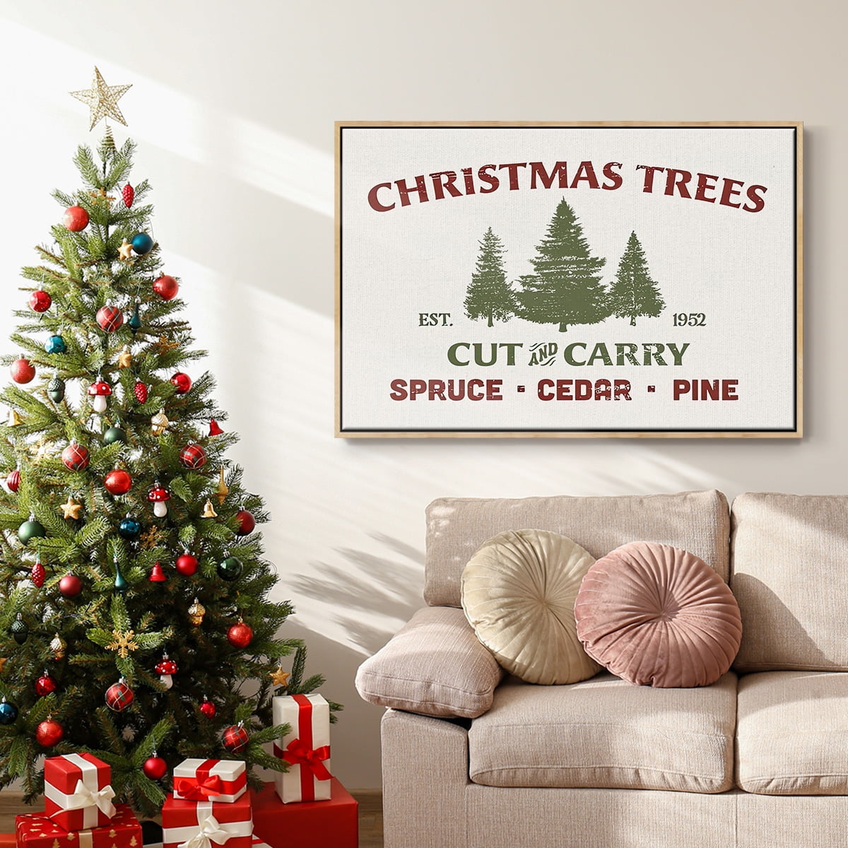 Christmas Farm Sign I - Framed Gallery Wrapped Holiday Canvas - 27 x 41 - Natural Wood Frame