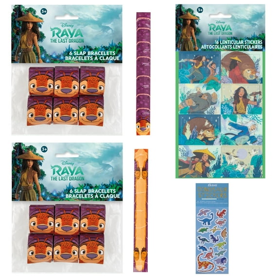 Raya Birthday Party Supplies Bundle includes 12 Slap Bracelets, 16 Lenticular Stickers, 1 Dinosaur Sticker Sheet