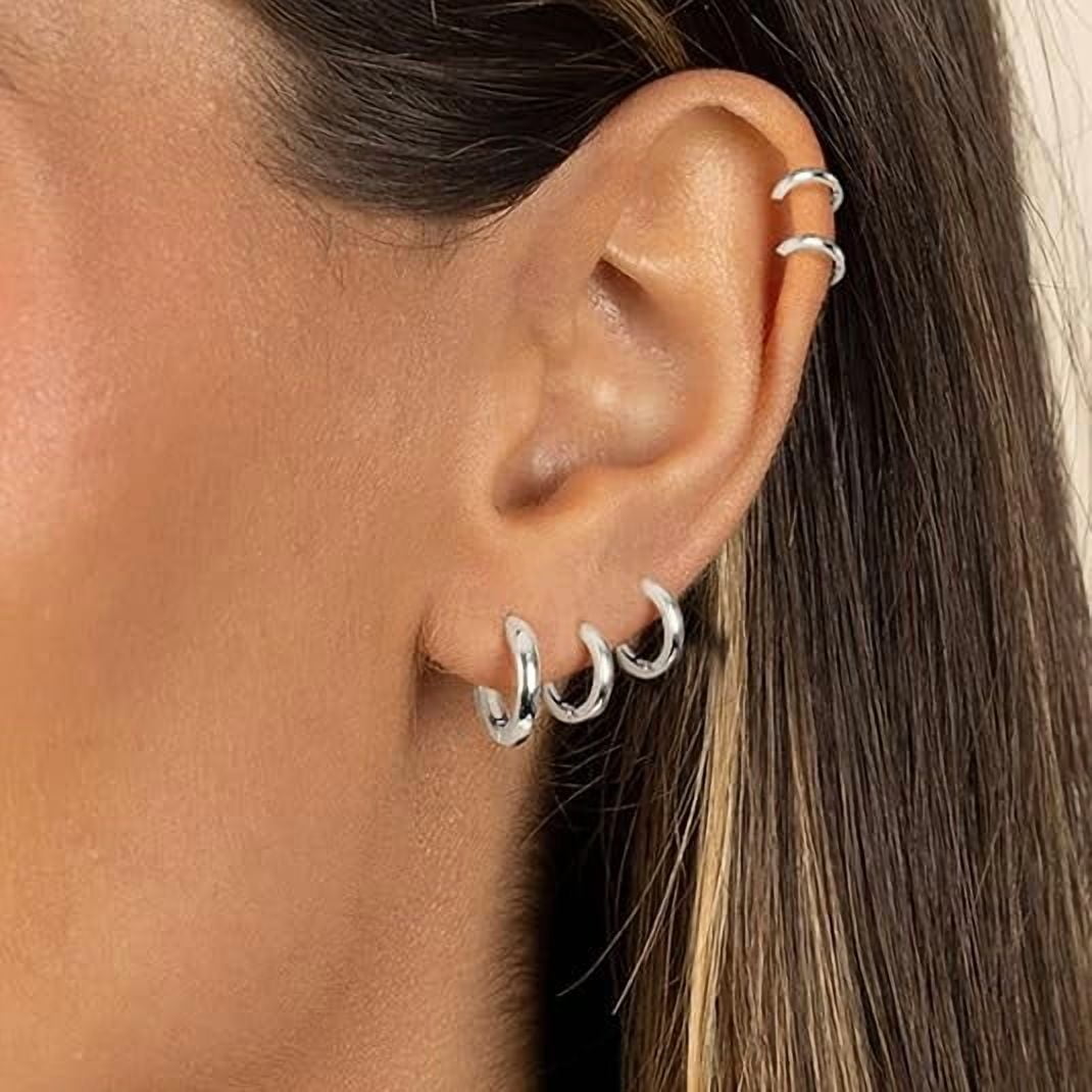Nmkwnr 6 Pairs Flat Back Stud Earring Lightweight Hoop Earrings 316L Stainless Steel Stud Earrings for Women Men, Silver