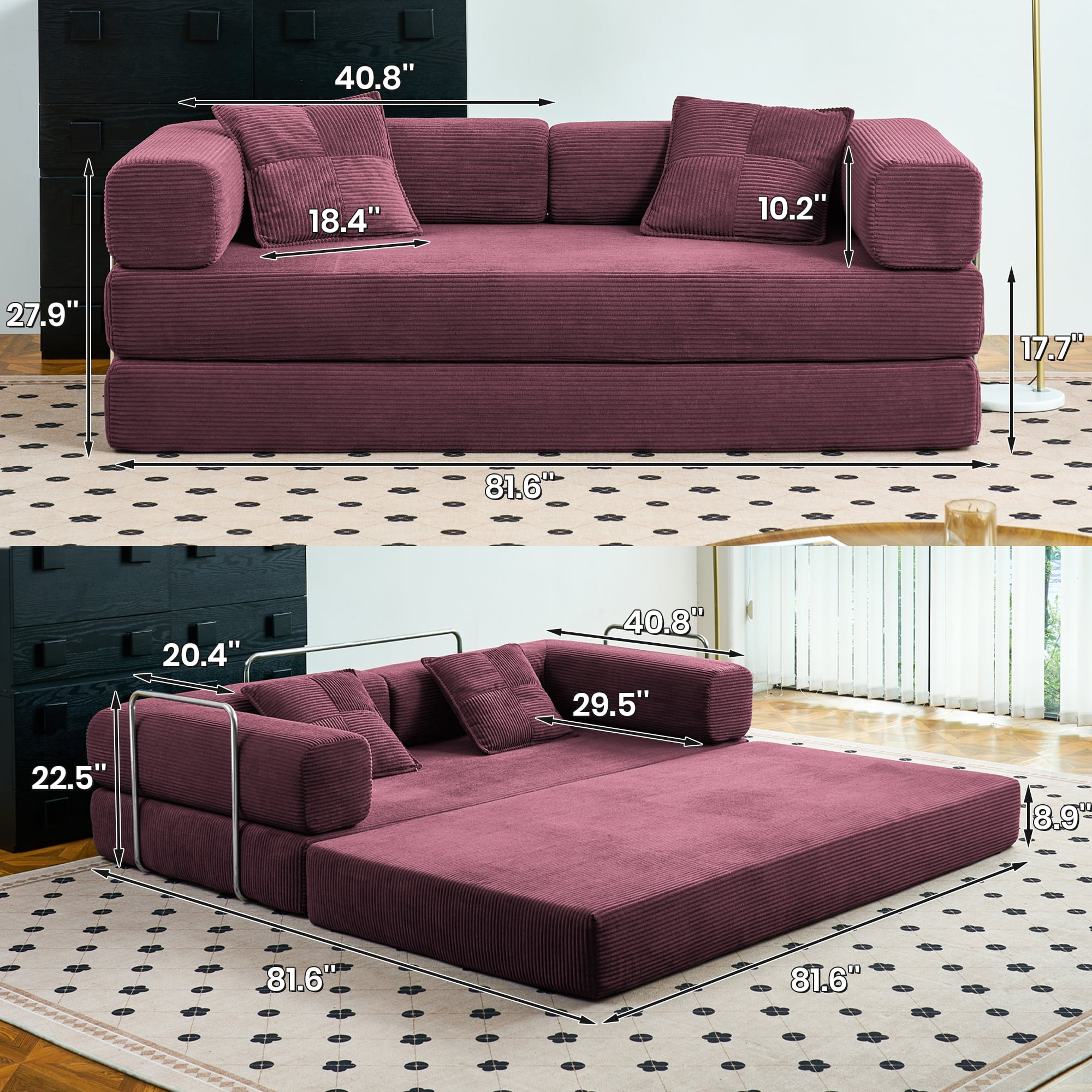 YINIX 81.6"  Convertible Sleeper Sofa Bed with 2 Pillows, Removable Floor Sofa Couch for Living Room Small Spaces, Red