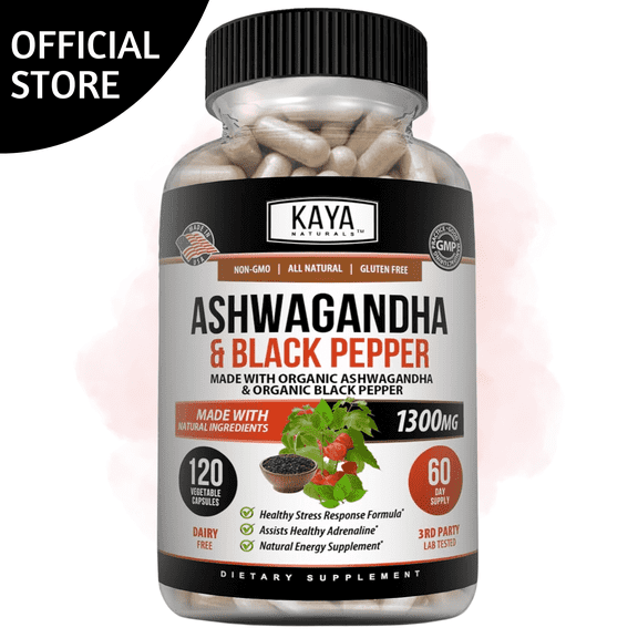 Kaya Naturals Ashwagandha 1300mg, 120 Count Capsules for Stress Relief, Adrenal, Mood & Thyroid Support, Black Pepper and 100% Pure Ashwagandha -120 Capsules