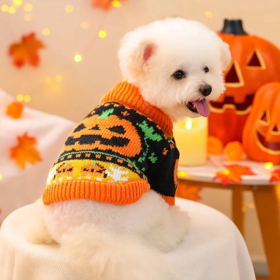 ELORIAH Halloween Small Dog Sweater Pumpkin Cat Turtleneck Knitwear Warm Pet Halloween Costume Pumpkin cat Outfit Holiday Puppy Dog Clothes for Girl Boys(M,Saffron)
