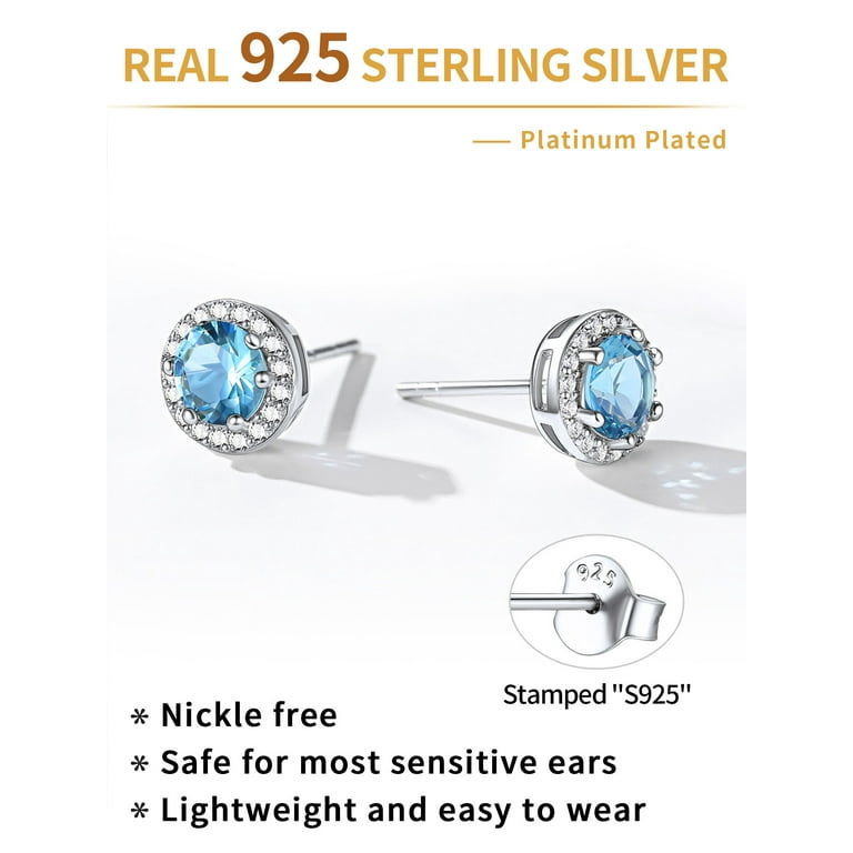 ChicSilver Round Birthstone Stud Earrings for Women 925 Sterling Silver  Earrings with Cubic Zirconia Crystal Jewelry Gift March (Aquamarine)
