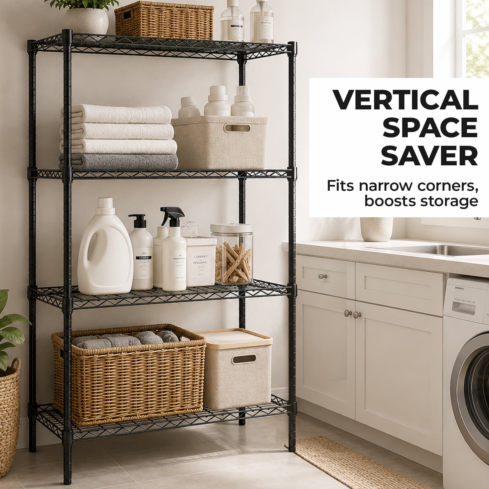 Alvantor 3/4/5-Tier Black Wire Rack 31in/48in/60in Heavy Duty Storage Shelving Adjustable Shelf Unit, Stable Steel Shelving, 200 lbs Capacity Per Shelf
