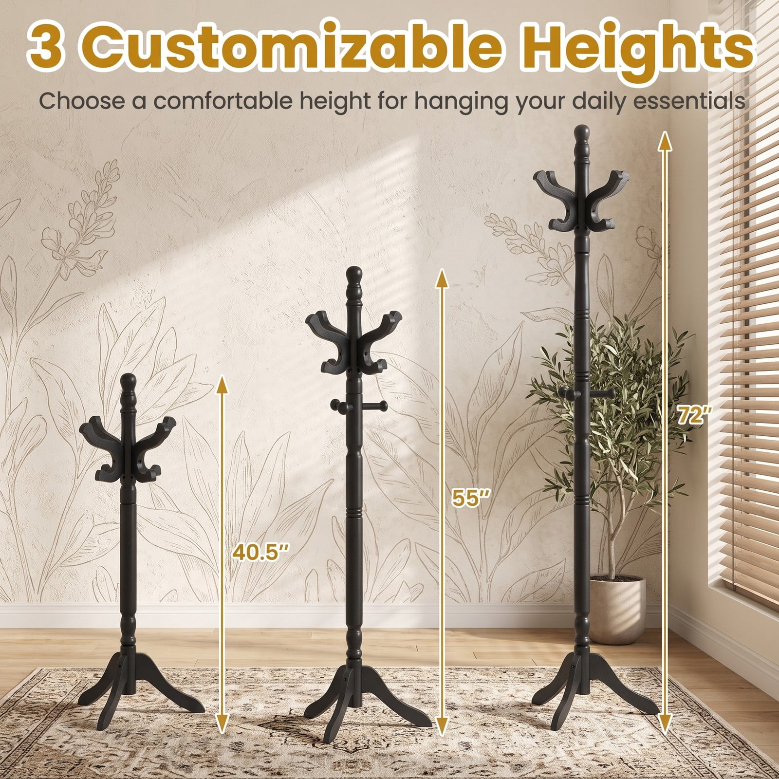 Furnibear Solid Wood Hall Tree Freestanding Coat Rack with 11 Hooks and 3 Height Options for Entryway Hallway Bedroom and Office, Black