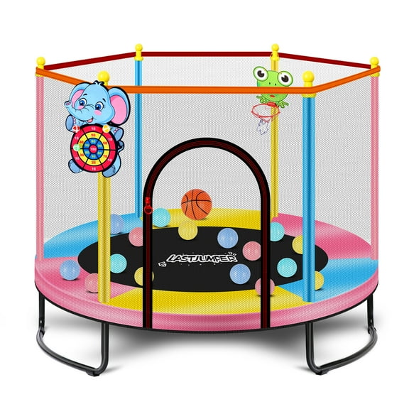 LASTJUMPER 60" Pink Trampolines for Kids, 5ft Mini Indoor & Outdoor Small Toddler Trampoline with Basketball Hoop, Dart Board, Ocean Ball ,Baby Trampoline Toys, Birthday Gifts for Kids