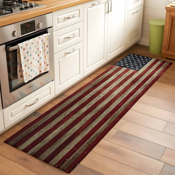 Runner Rug 2 x 6 Ft, American Flag Washable Non-Slip Floor Mat for Kitchen Hallway/Entryway, Vintage Shabby US Star Striped Flags Long Kitchen Runner Area Rugs for Living Room, Low-Profile