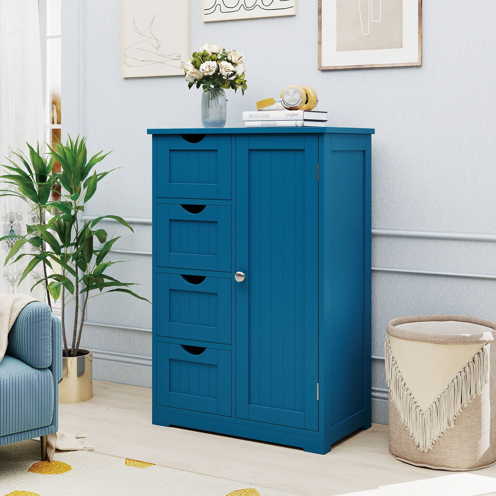 Costway Wooden 4 Drawer Free Standing Bathroom Floor Cabinet Storage Cupboard Adjustable Blue