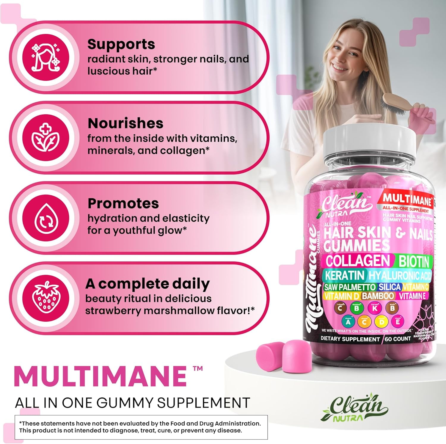Clean Nutraceuticals Biotin Collagen Keratin Gummies | Hair Skin and Nails Vitamins for Women | Hyaluronic Acid Bamboo Vitamin A C D3 E Folate with Saw Palmetto Silica B3 B12 Vegan Gummy