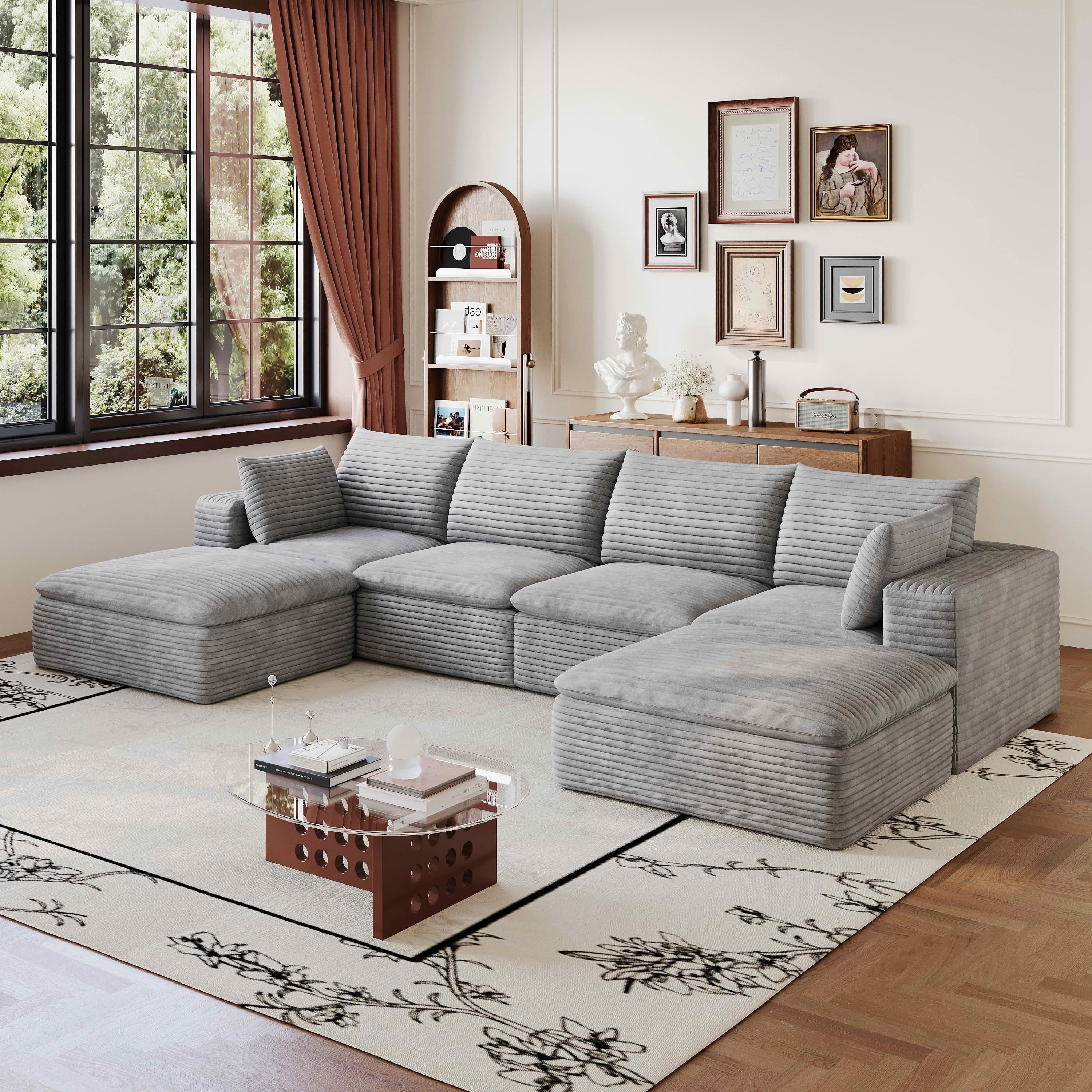 MAYEERTY 134" Corduroy Cloud Sofa, Modular Deep Seat Couch with Removable Cushion & Double-Layer Structure, No Assembly Leisure Sofa for Home & Office