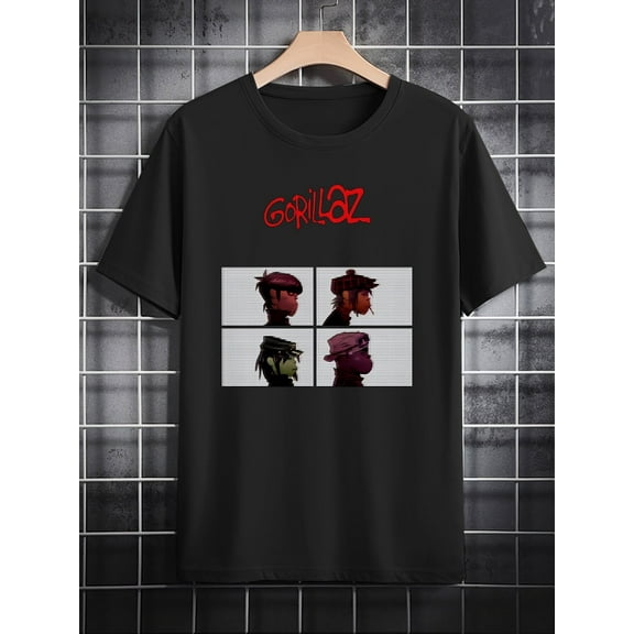 Men's Casual Round Neck T-Shirt with Gorilloz Graphic - Black Polyester, Machine Washable, Summer Tee - Ideal Gift for Him