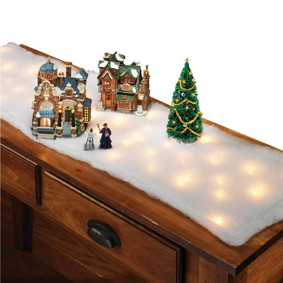 Lighted Snow Table Runner, Set of 2, Illuminated Blanket of Artificial Snow for Christmas Village Display, White, 45” Long x 13” Wide