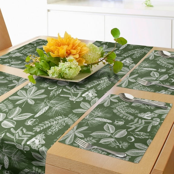 Ambesonne Botanical Table Runner & Placemats, Vintage Nature Leaves, Placemat 4 pcs Runner 12"x72", Olive Green and White