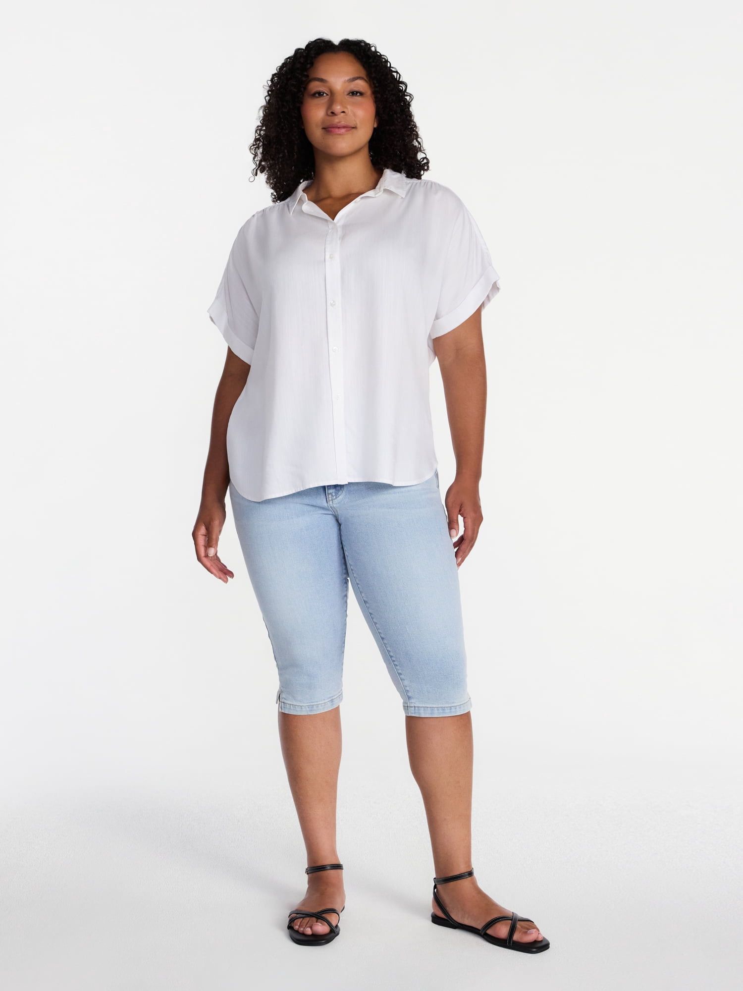 Time and Tru Women's Mid Rise Stretch Denim Capri Pants, 16.5" Inseam, Sizes 0-20