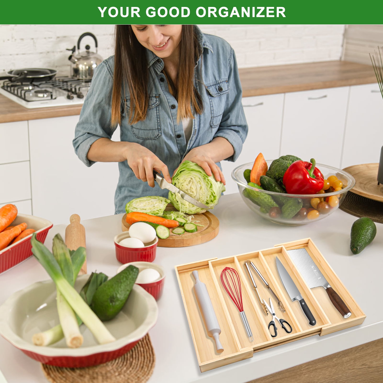 SPOKKI Bamboo Adjustable Kitchen Utensil Organizer, 17" x 21" Silverware Tray with Drawer Dividers, Natural Bamboo Flatware Holder for Kitchen and Home Use (3-5 Slots)
