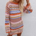 thumbnail image 4 of Womens Dresses Casual Summer Sweater Dress Rainbow Striped Long Sleeve Loose Crochet Striped Hollow Out Mini Casual Sweater Sun Dress, 4 of 5