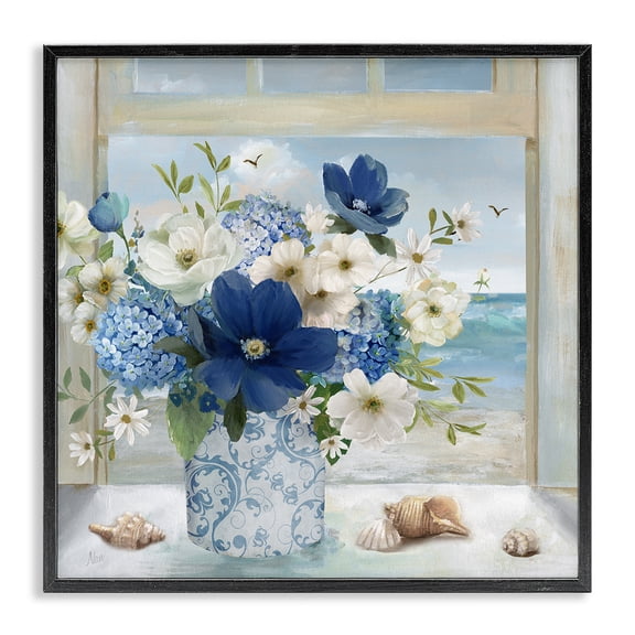 Stupell Industries Seaside Blue & White Arrangement Black Framed Giclee Art, design by Nan