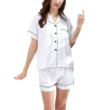 

Grianlook Women Pajamas Sets Button Down Sleepwear Lapel Nightwear Ladies Single Breasted 2 Piece Outfits Loose Short Sleeve Lounge Set White L