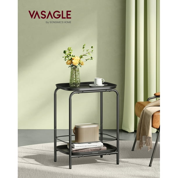 VASAGLE Mesa Auxiliar de 2 Niveles de Metal, Mesa de Centro Pequeña, Mesita de Noche con Bandeja, Negro Tinta