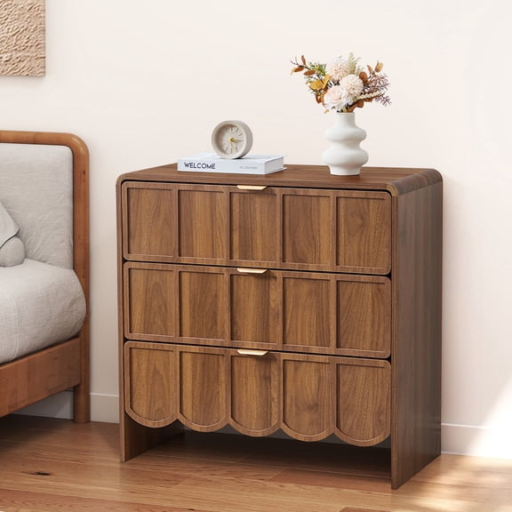 Weselon 3 Drawer Dresser for Bedroom, Modern Wave Panel Chest of Drawers, Closet Storage Cabinet, Walnut