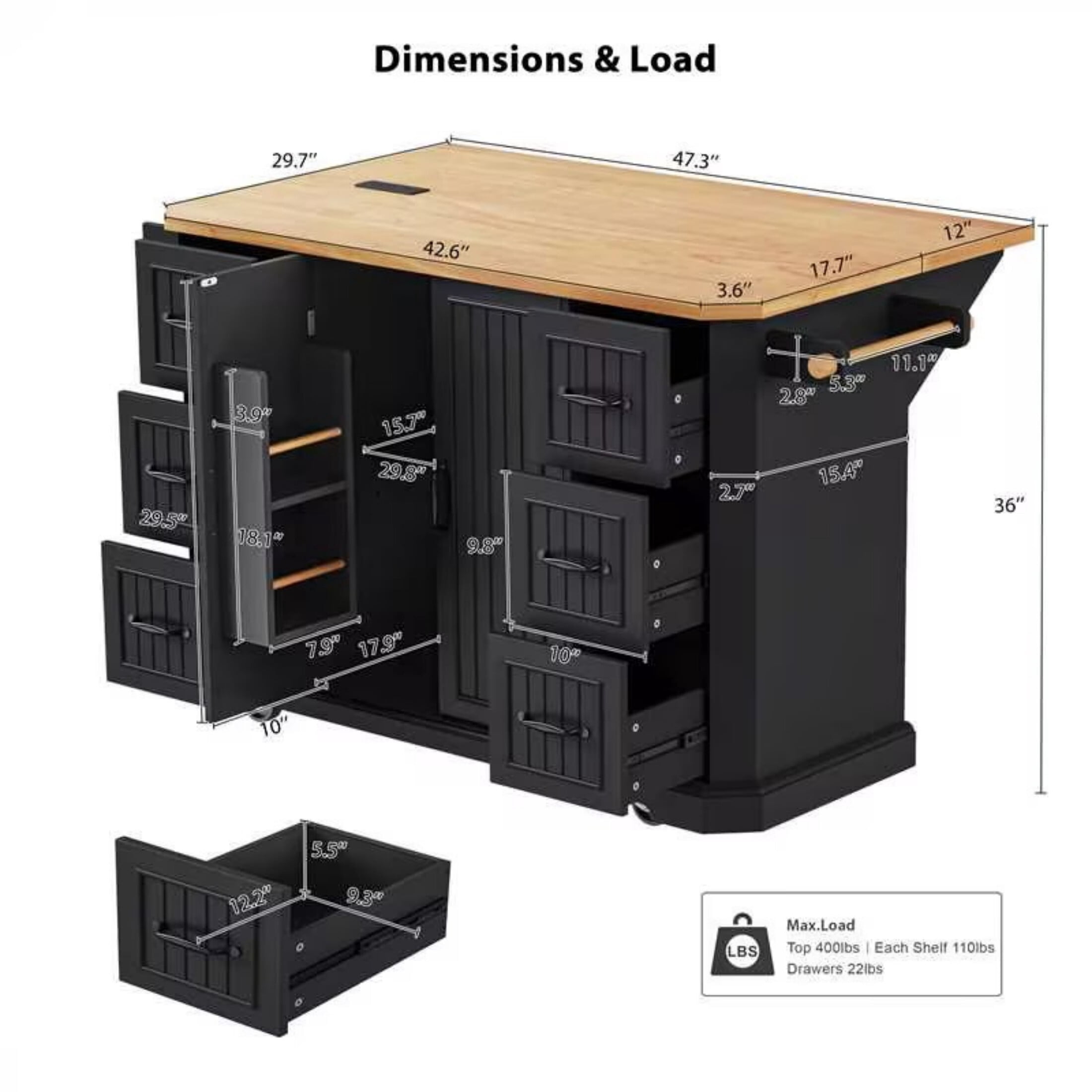 AENKYO 47'' Kitchen Island with Drop Leaf and Power Outlet, Farmhouse Rolling Kitchen Storage Cart with 6 Drawers, Black