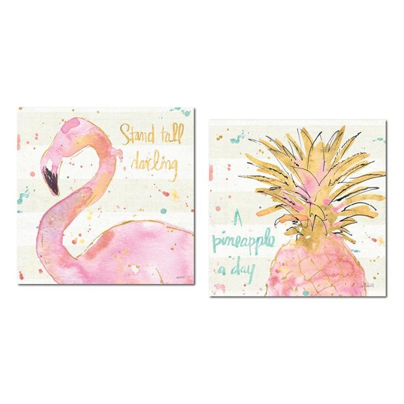 Tropical Hot Pink and Gold Watercolor Flamingo and Pineapple "Stand Tall Darling" and "A Pineapple a Day" Set by Anne Tavoletti; Two 12x12in Poster Prints