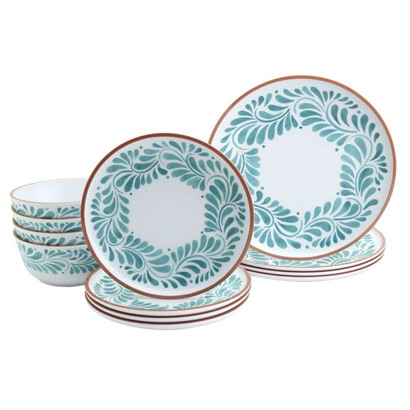 INFUSE 12 Piece Lebrillo Pattern Melamine Dinnerware Set for Outdoor Dinner Salad Plates Bowls, Aqua