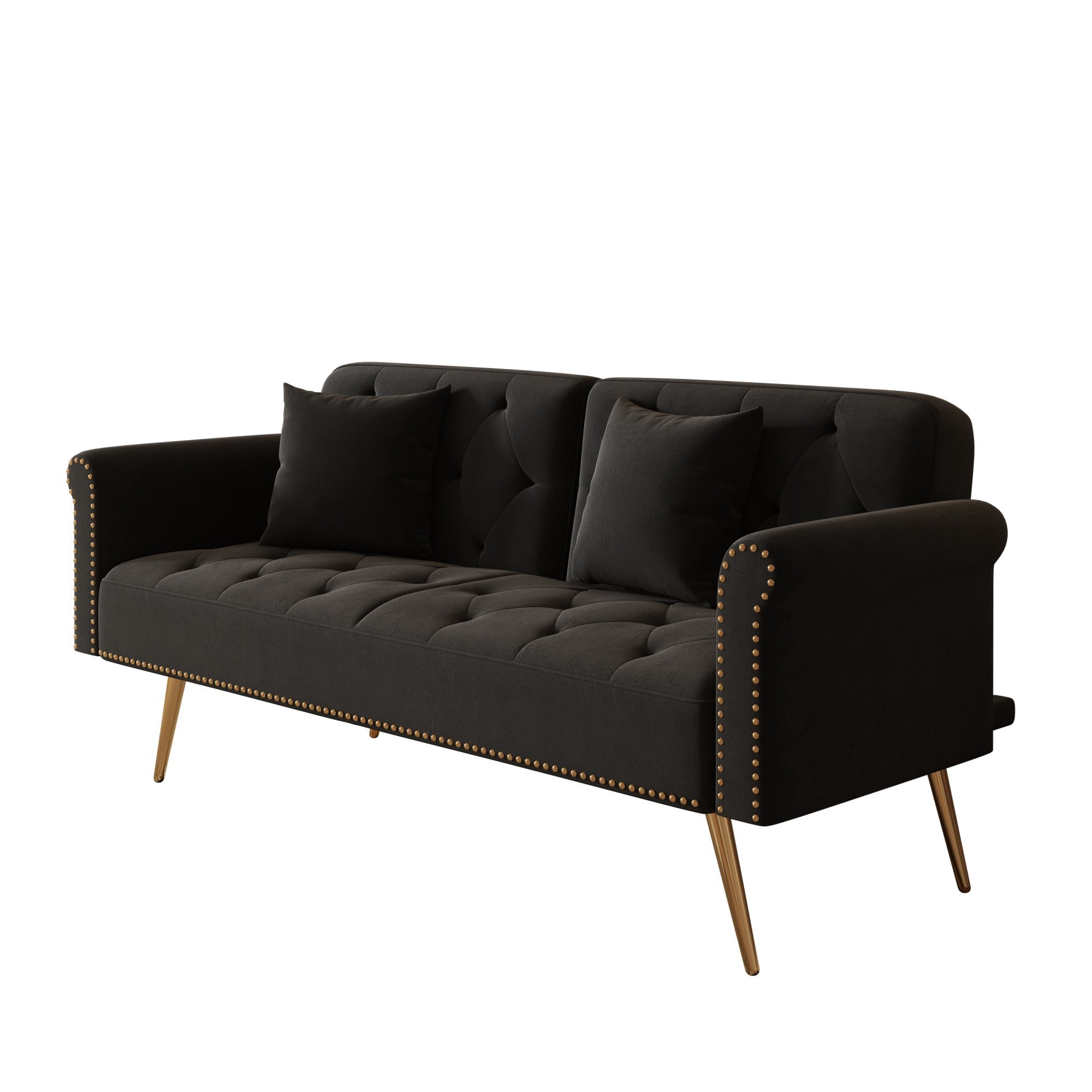 Leumius 70" Loveseat Sofa,Convertible Futon Sofa Bed Velvet Sleeper Sofa Bed with Throw Pillow & Gold Metal Legs,2-Seat Loveseat for Living Room,Bedroom,Office,Black