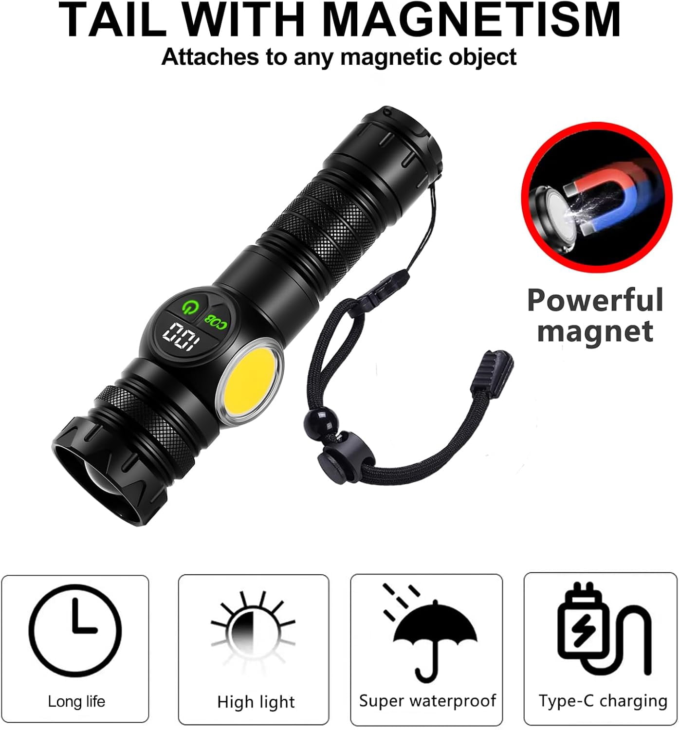 Siuyiu Flashlights High Lumens, USB Rechargeable Flashlights, Super Bright Flash Light with COB Light, Tactical Flashlights with Powerful Powerful Digital Display, LED Flashlight with 9 Modes