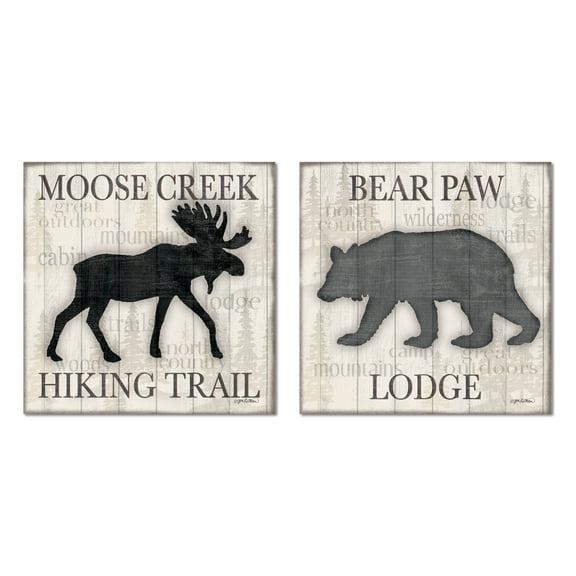 Rustic Off-White and Black Woodland Bear and Moose Cabin Decor; 2- 12" x 12" Unframed Posters