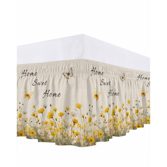 Home Sweet Home Bed Skirt King Size 18 Inch Drop, Spring White Yellow Floral Butterfly Linen Texture Adjustable Elastic Dust Ruffles Bedskirt for King Bed Wrap Around Pleated Mattress Frame Cover