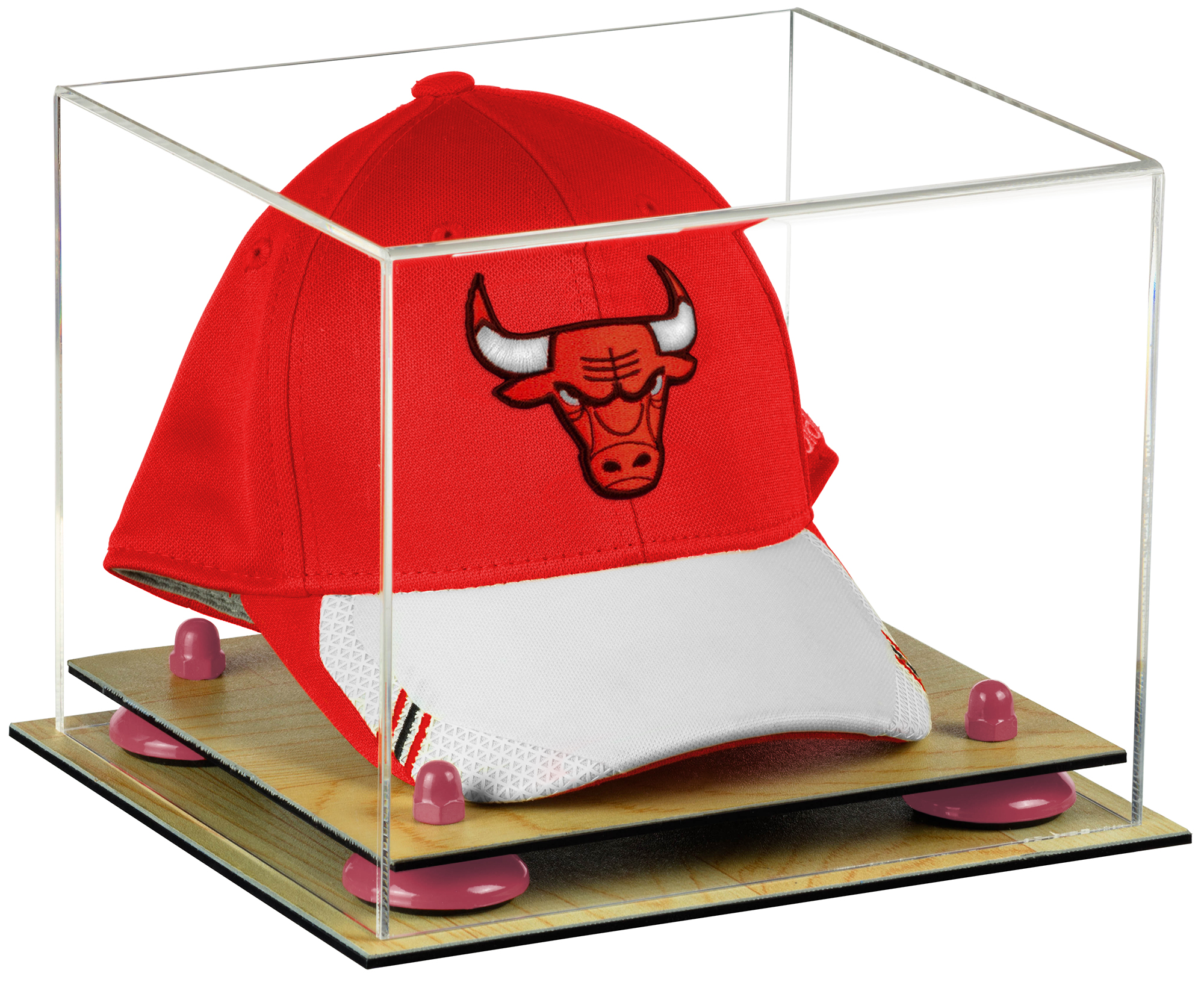 Clear Acrylic Basketball Hat or Cap Display Case with Pink Risers and Wood Base (A006PNR