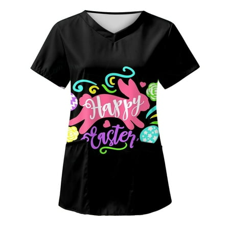 

Ozmmyan Womens Tops Easter Day Scrubs for Women Fashion Short Sleeve V-Neck Tops Working Uniform Printing Pocket Blouse Tops