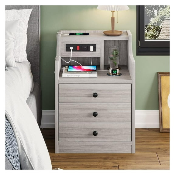 YOSITiuu Nightstand with Charging Station, Night Stand with Hutch & Storage Drawers, End Table Side Table Bedroom,Grey