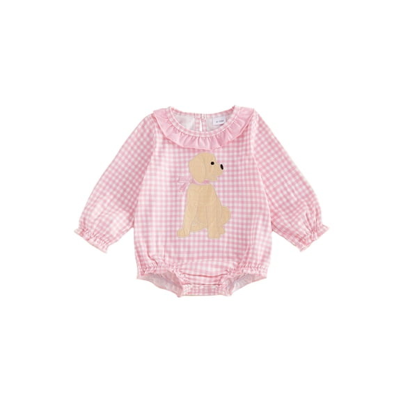 Baby Girl Fall Clothes Long Sleeve Puppy Plaid Bubble Romper Smocked Outfit