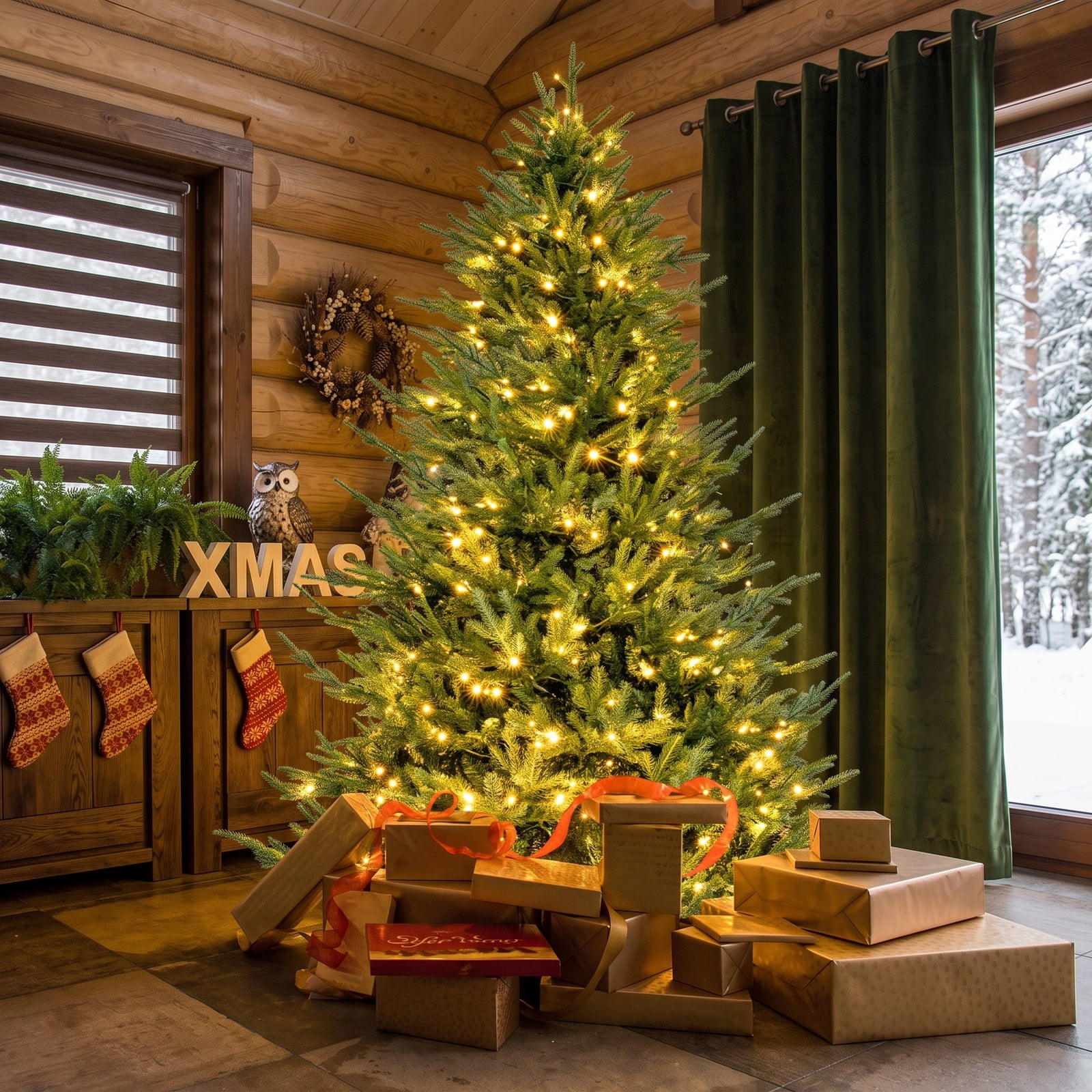 RUIE 7 ft Pre-Lit Artificial Christmas Tree with 380 Warm White LED Lights, 8 Lighting Modes, 1130 Branch Tips, PE PVC Hinged Full Spruce Xmas Tree with Metal, Green