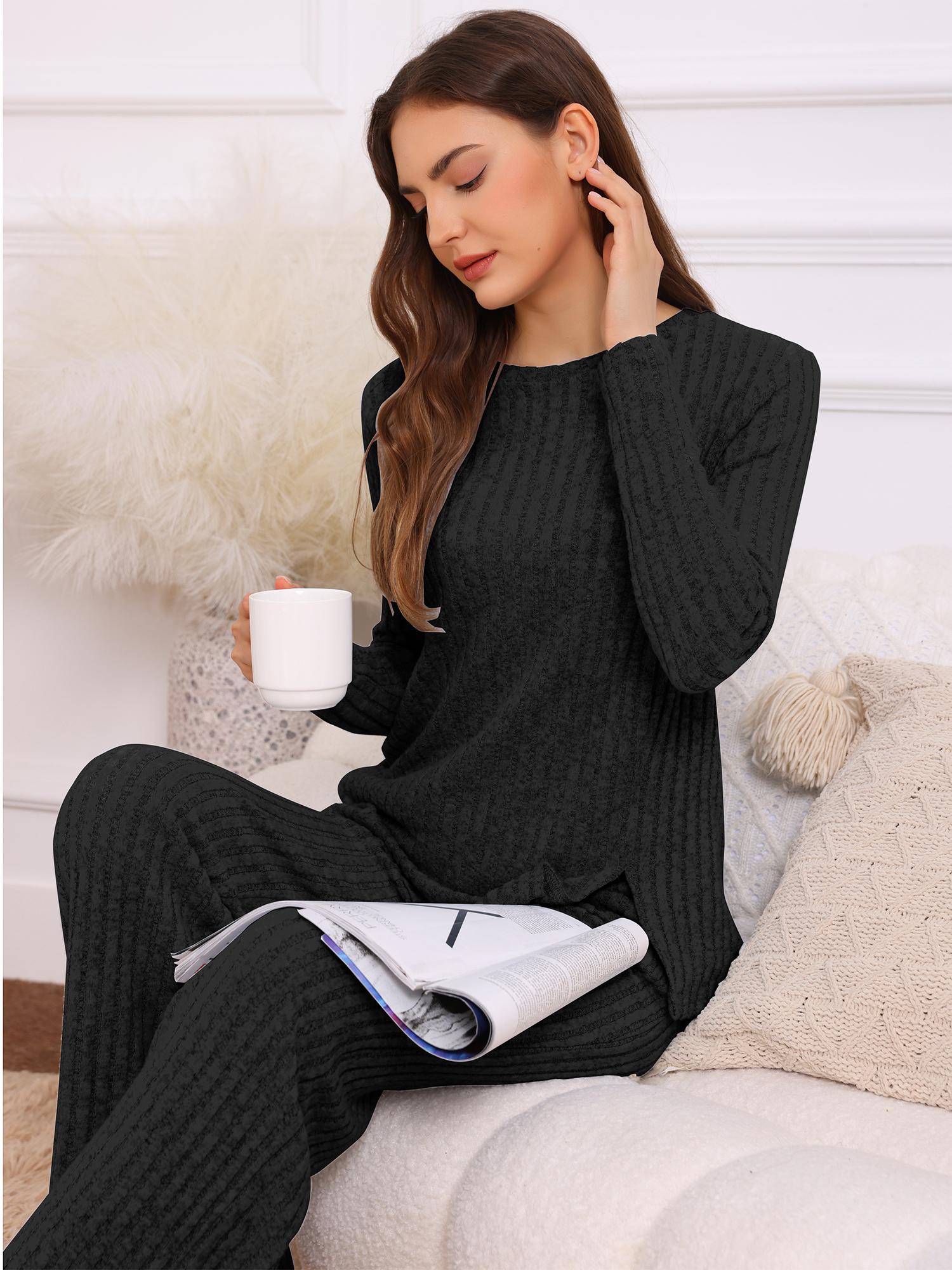 DARING DIVA Women's Knit Long Sleeve Ribbed Sleepwear Soft Crewneck Sets XL Black