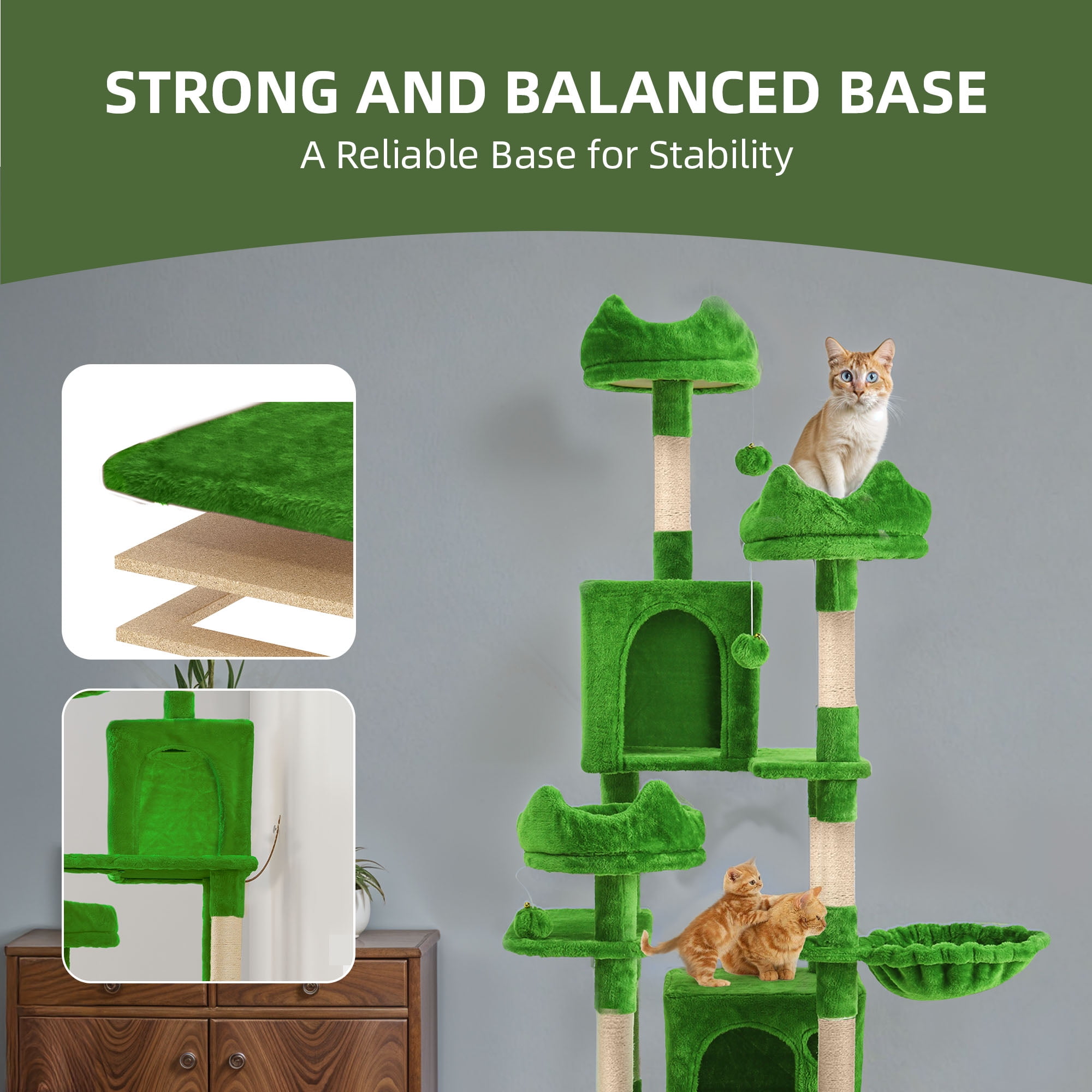 Uforic 75" Multi-Level Green Cat Tree Tower with Hammocks and Scratching Posts