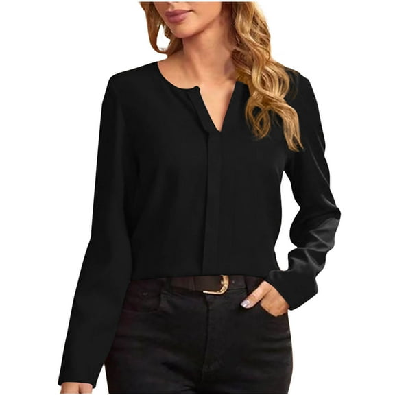 Tops for Women under $5 Casual Long Sleeve V-Neck Solid Blouse Black XL
