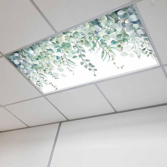 Fluorescent Light Covers for Ceiling Lights Classroom, Sage Green Eucalyptus Magnetic Ceiling Light Cover Filter for School,Office, 2X4 FT, Pack of 1, Rustic Watercolor Leaves Floral