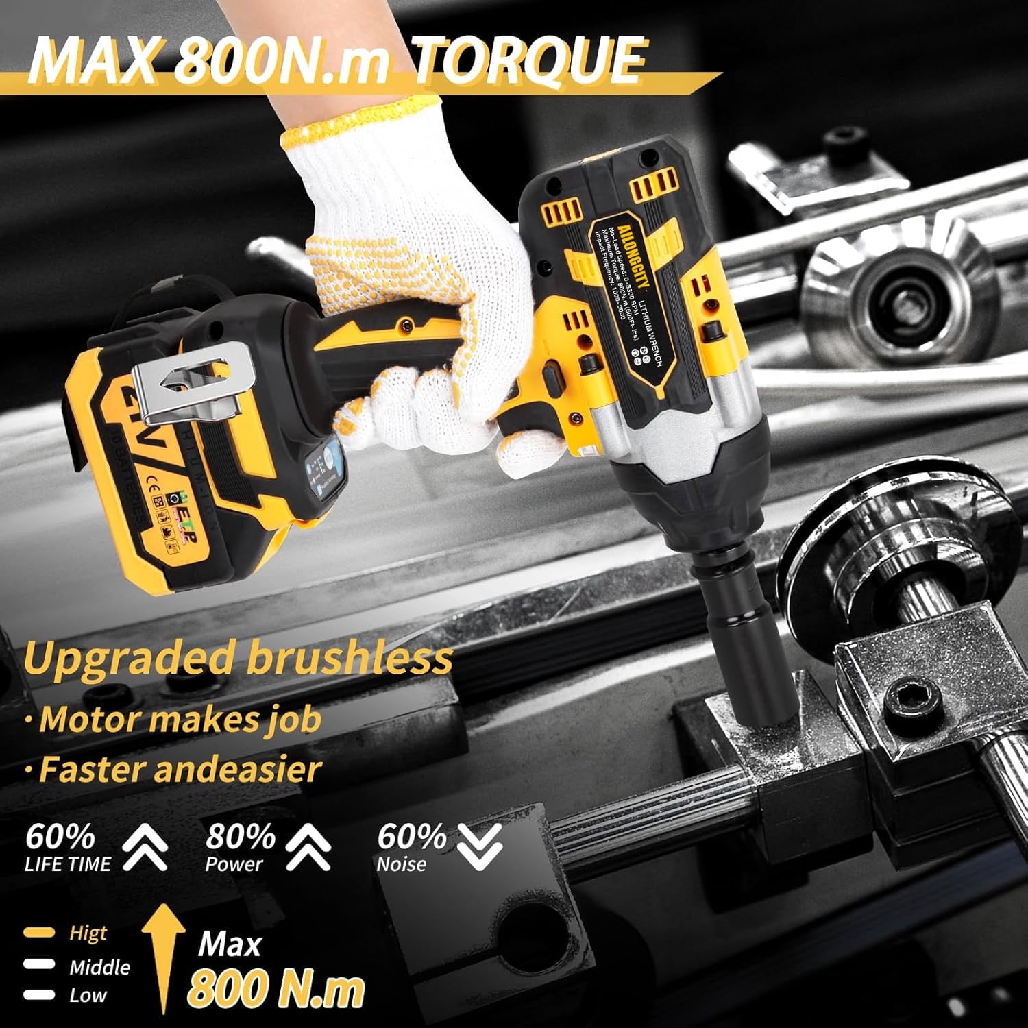 800N.m Cordless Impact Wrench, 600Ft-lbs 1/2 inch Electric Impact Gun, High Torque Brushless Impact Wrench w/ 2x 4.0Ah Battery, Fast Charger & 5 Sockets for Car Lawn Mower